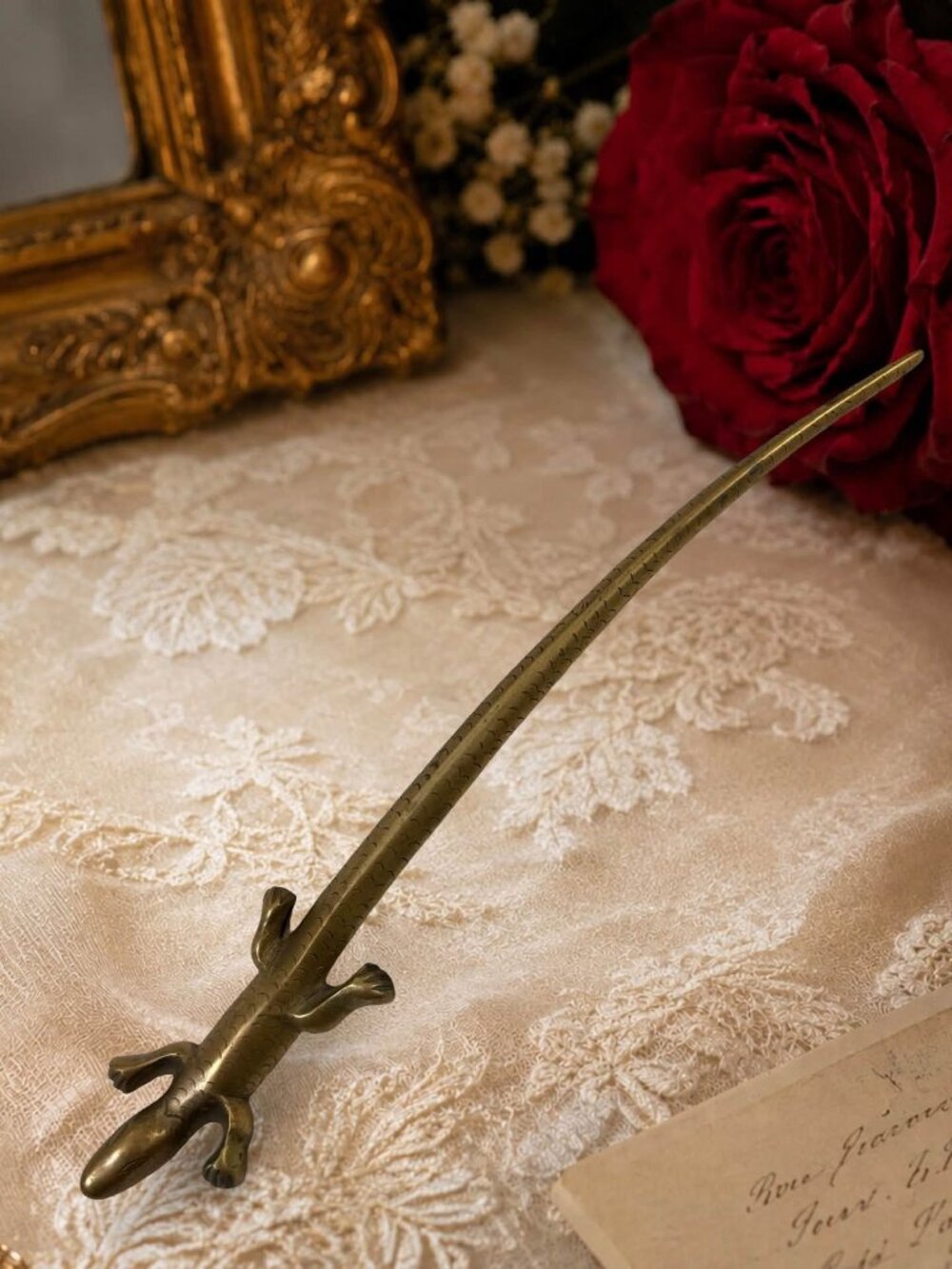 Vintage Brass Alligator Salamander Letter Opener With Textured Detail - Unique D